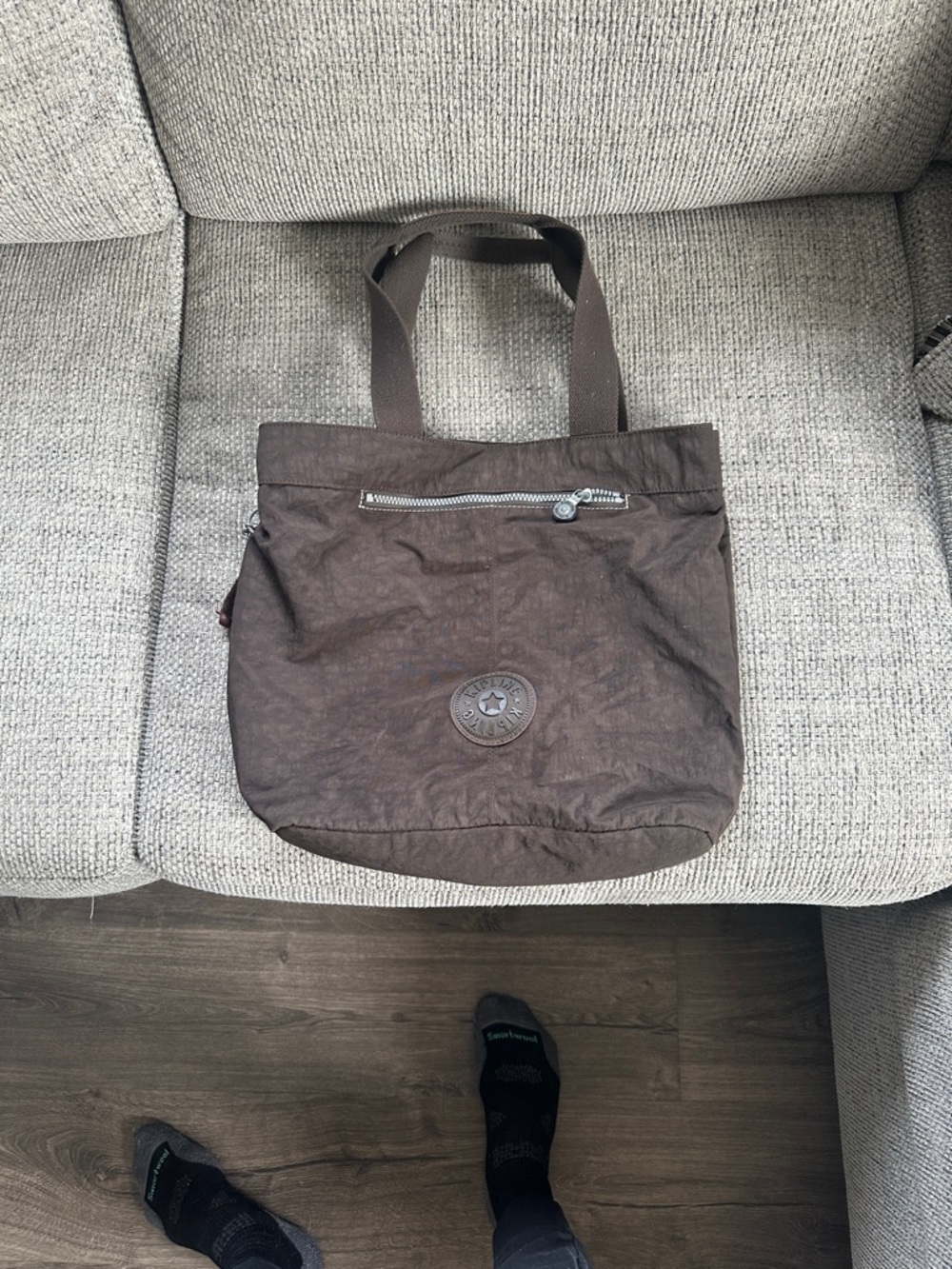 Kipling Dark Brown Canvas Messenger Tote - Front Zip Pocket